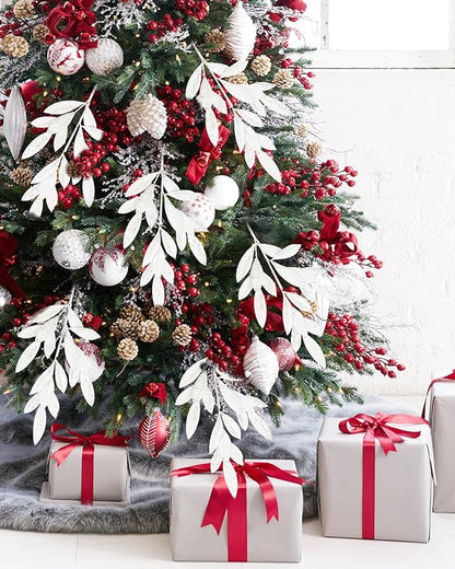 DILATATA 6Pcs Christmas Glitter Leaves Bay Leaves Spray 24" Artificial White Bay Leaf Picks Sprays Giltter Stems for Halloween Centerpiece Christmas Home Decor Home Decor - White