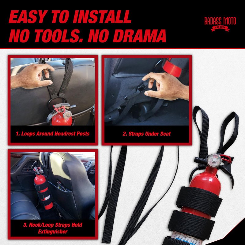 Badass Moto Car Fire Extinguisher Mount - Automotive Fire Extinguisher Mount for Vehicle Car Seat Headrest - Tool Free Seat Back Strap Install. Ideal Safety Kit Accessories for Jeep, Auto,Truck & SUV
