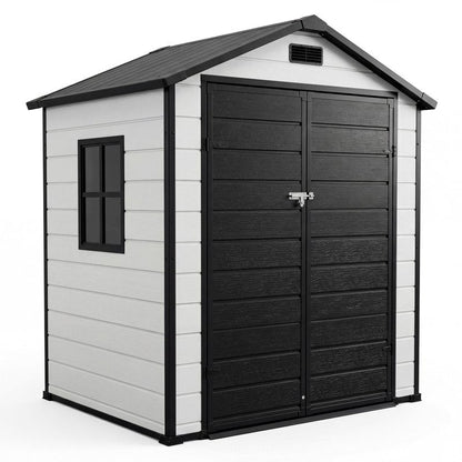 Garvee 6x4 FT Outdoor Storage Shed with Floor, Plastic Resin Garden Shed with Window & Sloping Roof & Lockable Door for Patio Backyard Garden, Lawn Mower, Bike, Tool Storage