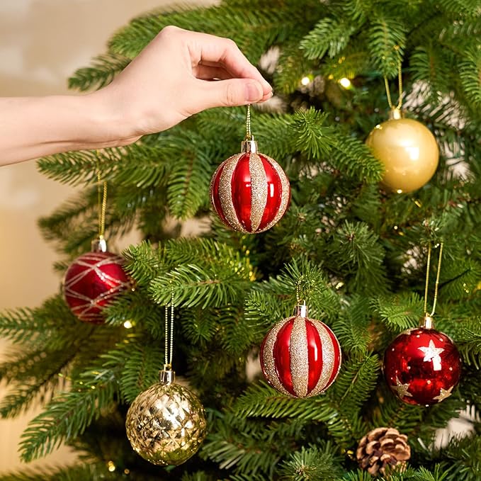 JORNOY Christmas Balls Ornaments, 30ct Shatterproof Xmas Tree Decorations, Hanging Bulbs Baubles Set with String for Holiday Home Party Decor, 2.36 inch/60mm, Red Gold