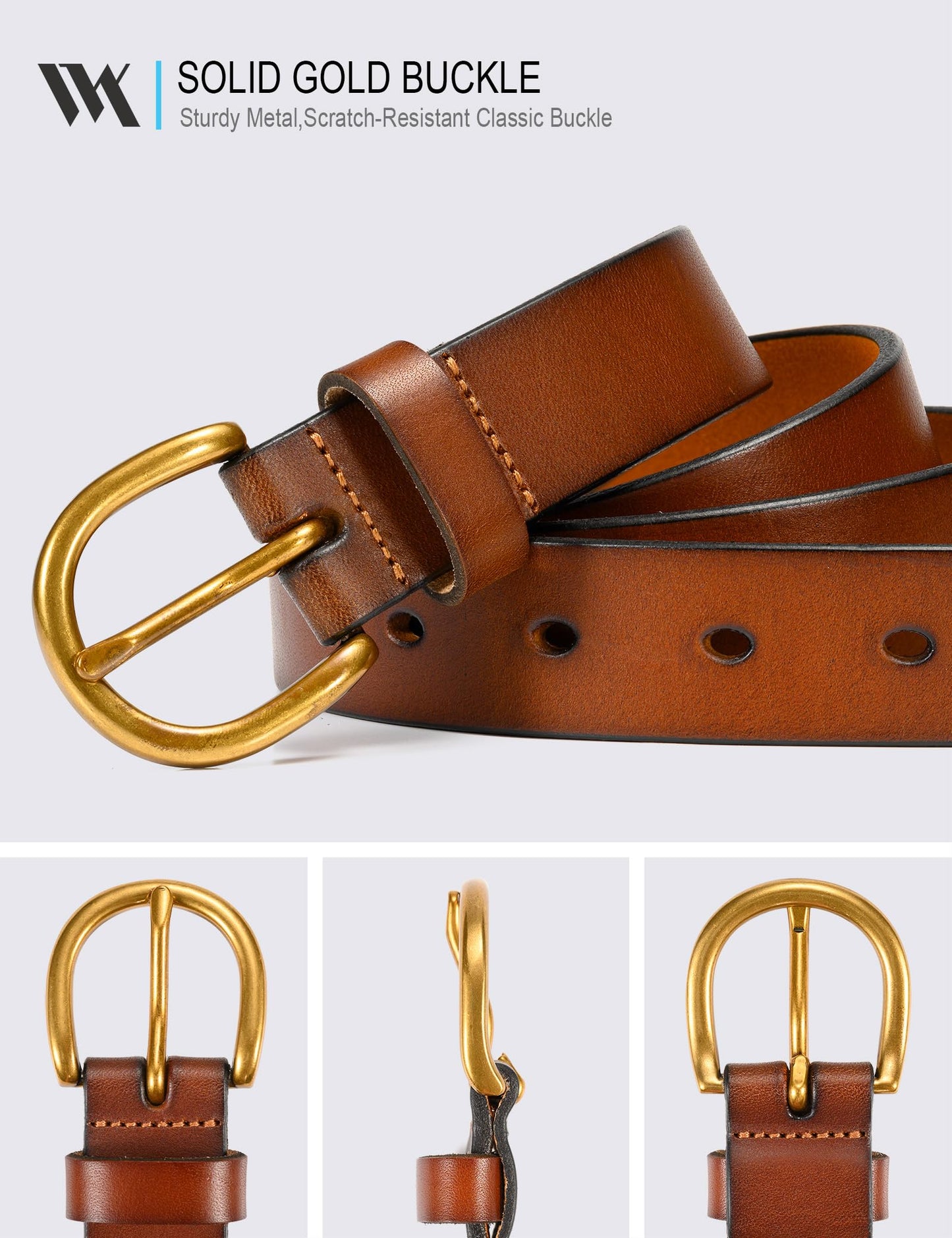 WOLFANT Womens Casual leather Jean Belt,1.1" Ladies Belt with Gold Buckle,100% Italian Full Grain Real Solid Leather