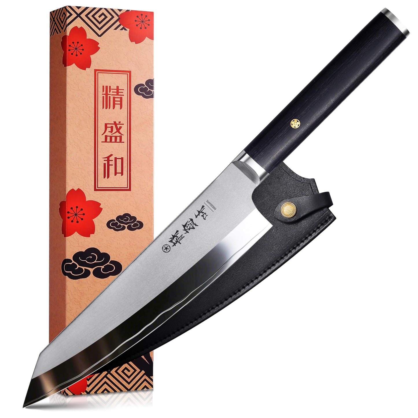 Jingseiho Japanese Chef Knife 7 in, Lab Tested Ultra Sharp, High Carbon Steel VG-10 Core, Genuine Leather Sheath, An Ideal Kitchen Gift for Home Cooks and Professional Chefs