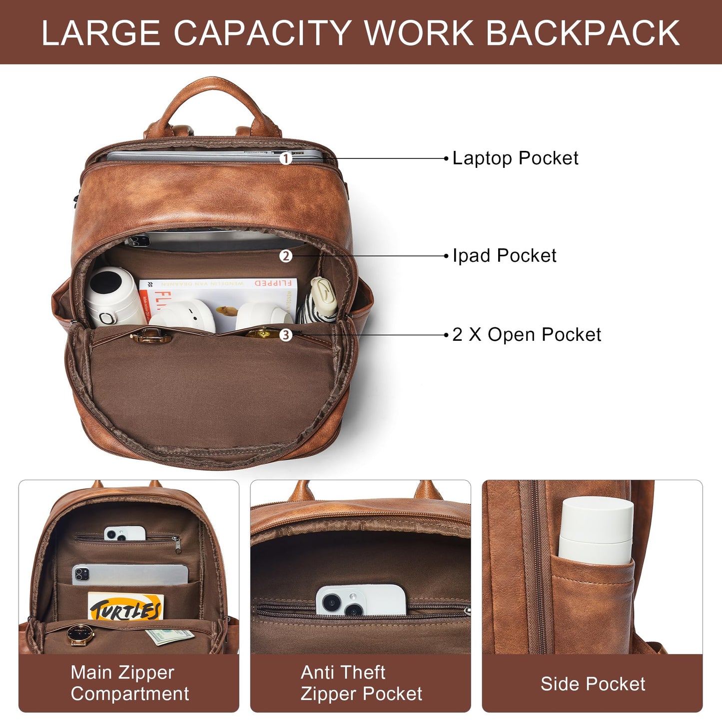 tiamyi Travel Backpack for Women and Men, Fits 17.0" Laptop, Stylish Lay-Flat Carry-on Vegan Leather Backpack with Luggage Strap for Travel and Daily Use