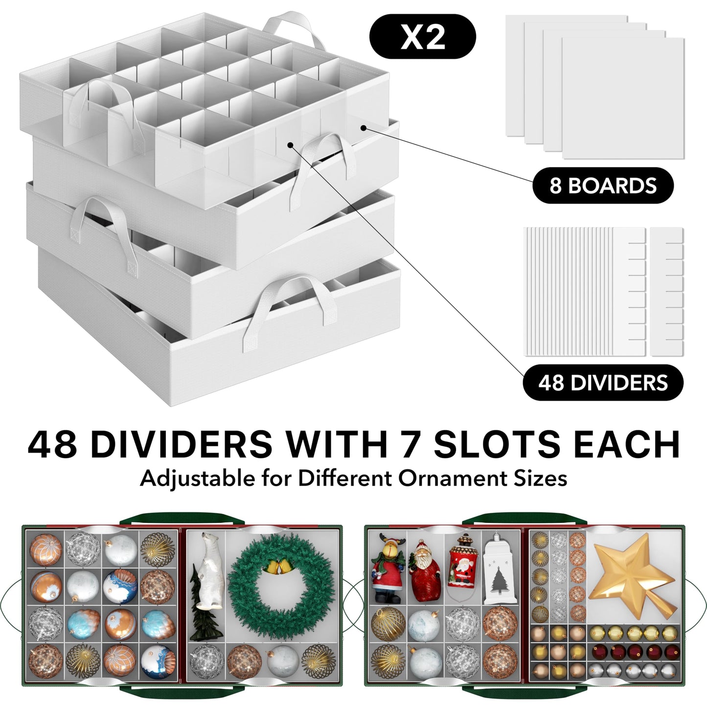 Simple Houseware Heavy-Duty Large Christmas Ornament Storage Box with Adjustable Dividers, Stores up to 128 Ornaments, Zipper Lid, Red