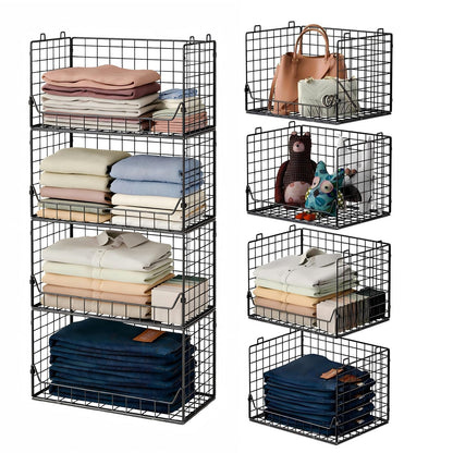 Jakyitvi 4-Tier Extra Height Stackable Closet Organizer – Foldable Storage Bins for Sweaters, Jeans, and Clothes – Sturdy Iron Mesh Shelves for Neat and Efficient Closet Storage – Black