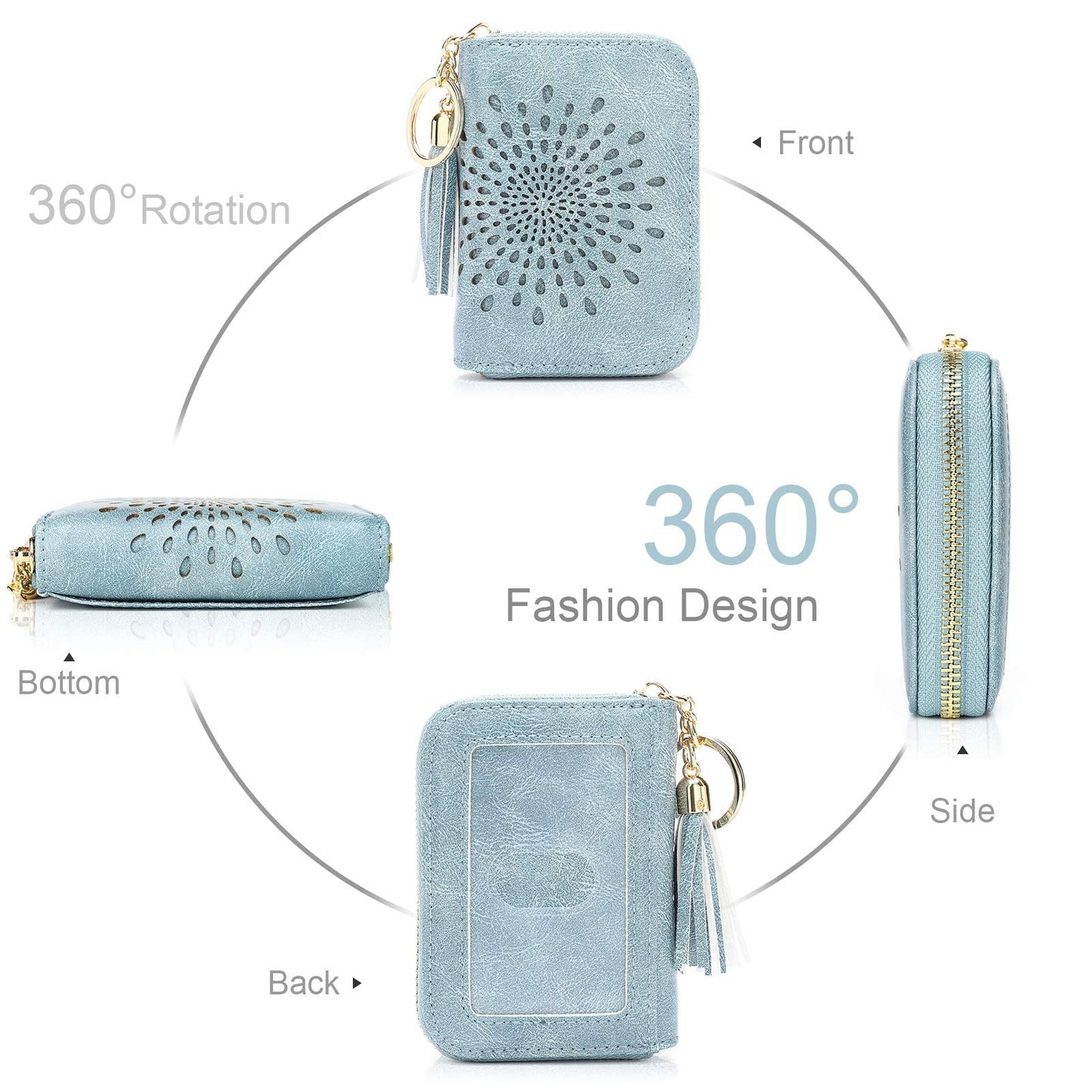 APHISON RFID Credit Card Holder Zipper Card Case Keychain Small Wallet for Women 1927 BLUE