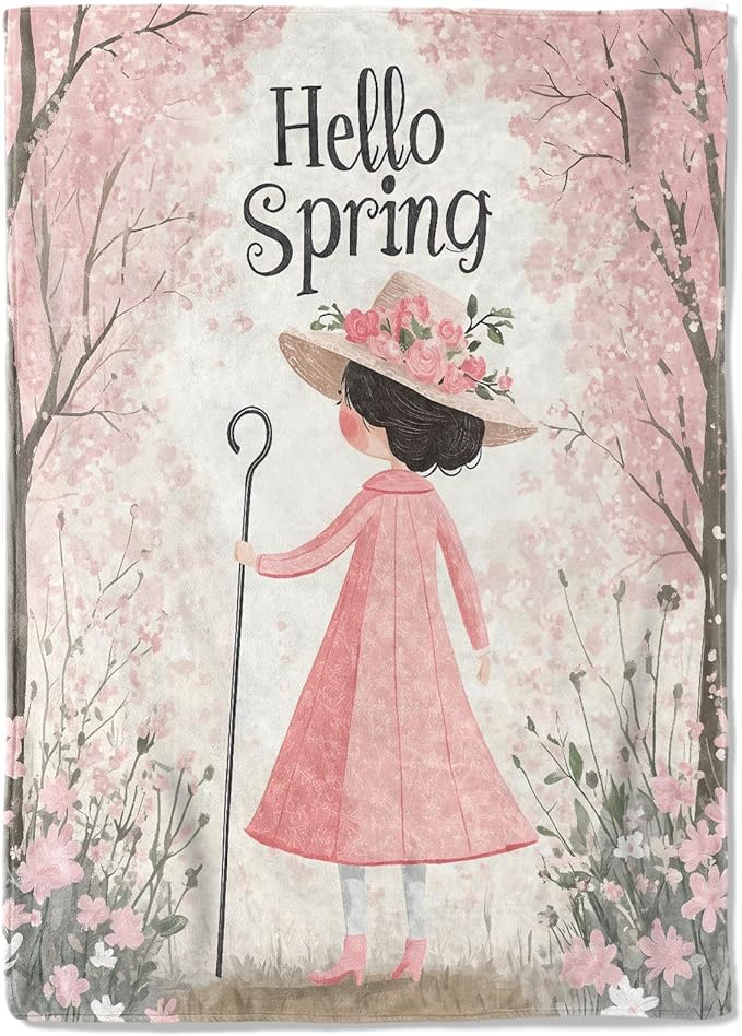 Spring Blossom Fleece Blanket - 50x60in Cute Girl in a Pink Dress Throw Blankets,Soft Cozy Lightweight, Ideal for Bed Living Room Home Whimsical Decor and Kids Women Gifts