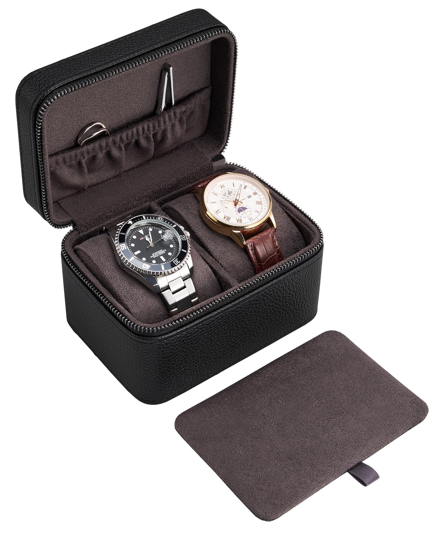 ProCase Black 12 Slot Watch Box and Black 2-Slot Watch Travel Case Bundle, 2-Tier Pull-Out Drawer Organizer, Clear Top Display Lid, Jewelry and Sunglasses Storage, Portable PU Leather Watch Holder