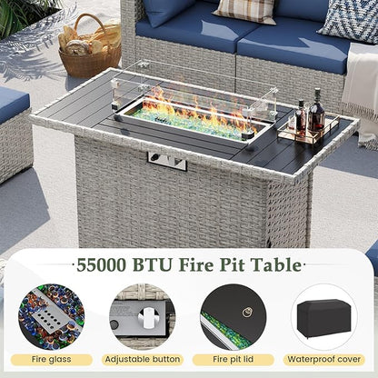 UDPATIO Patio Furniture Set with Fire Pit Table, 8 Pieces Outdoor Sectional Sofa, PE Wicker Patio Conversation Set for Garden, Backyard Blue