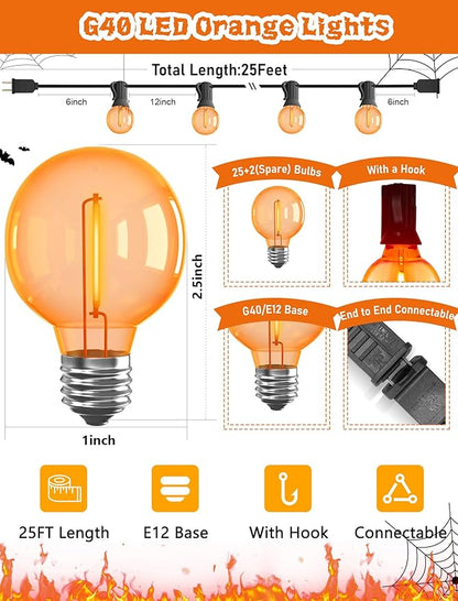 G40 LED Orange Halloween String Lights Outdoor, 25Ft Orange Hanging String Lights with 27 Bulbs for Halloween Thanksgiving Indoor Outdoor Party Chirstmas Festival Haunted House Decor
