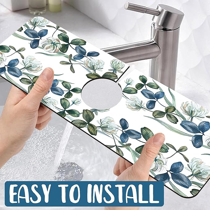 Watercolor Garland Flower Sink Splash Guard Faucet Mat Clover Leaves Super