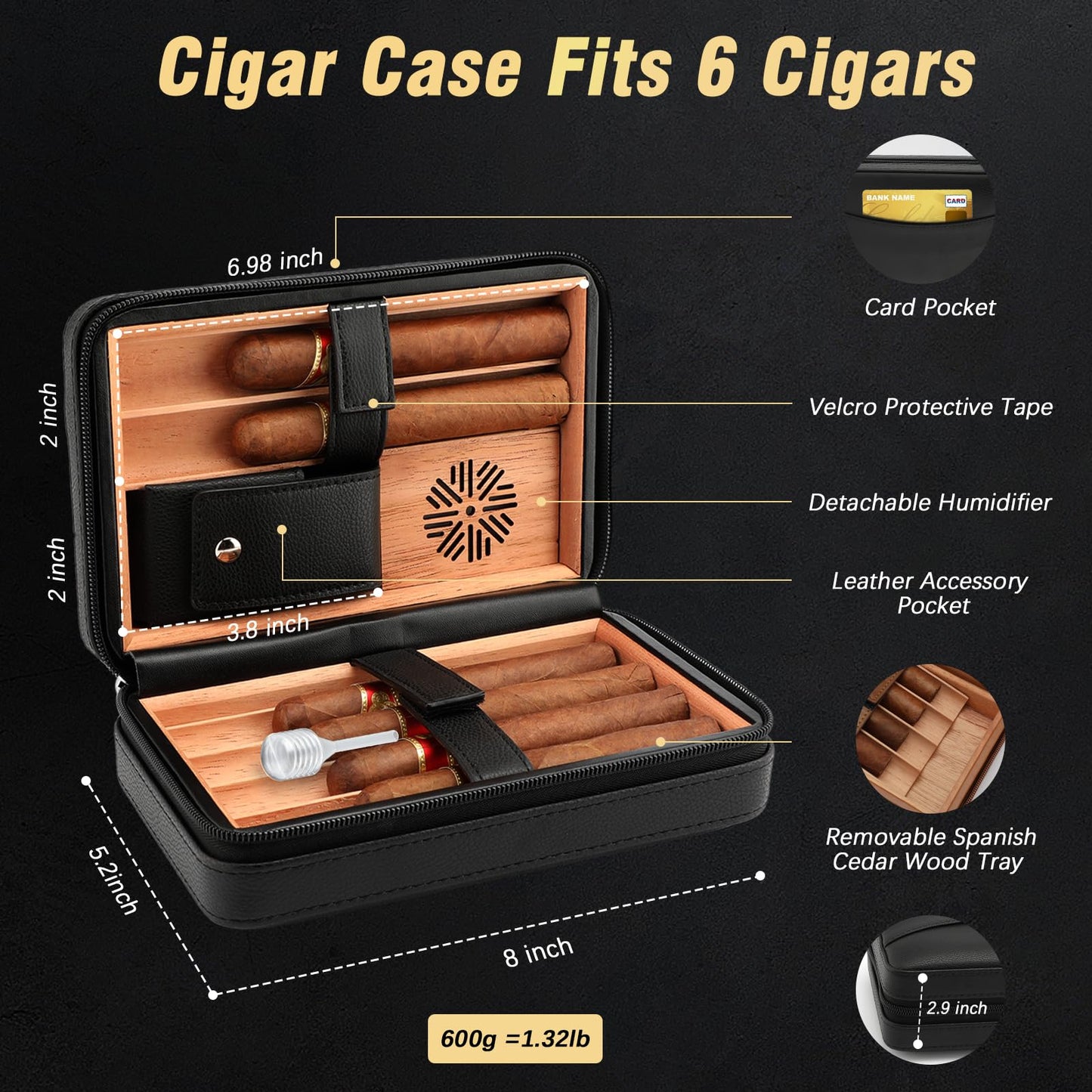 TISFA Cigar Humidor, Leather Cedar Wood Cigar Case with Cigar Lighter, V Cut Cigar Cutter, Cigar Holder 3 in 1, Portable Travel Cigar Humidor Box with Humidifier (Black)