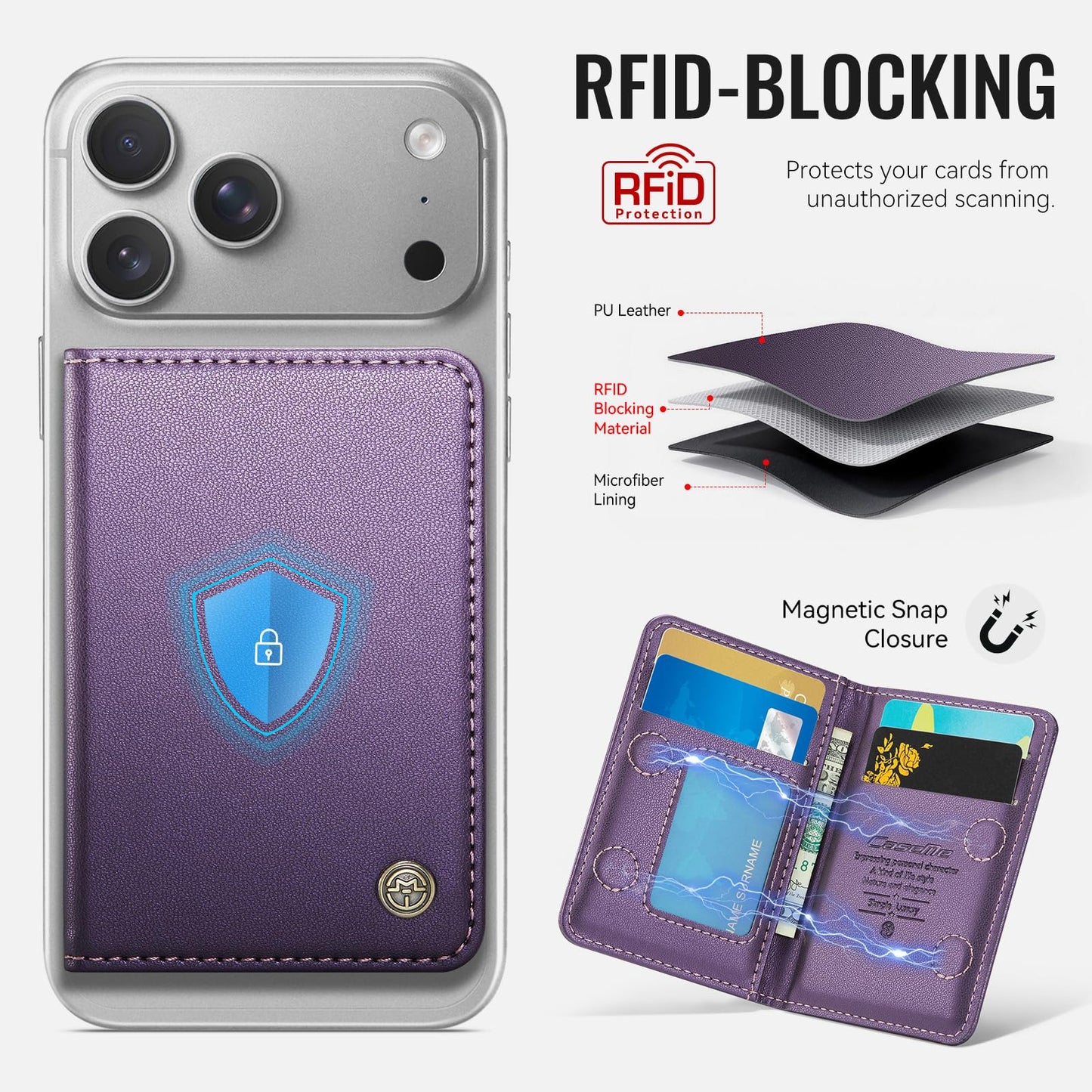 XIMAND Magnetic Wallet Card Holder with RFID Protection, PU Leather Slim Wallet, Strong Magnet Attachment for iPhone 18/17/16/15/14/13/12 Series Pro Max Plus Mini-Purple