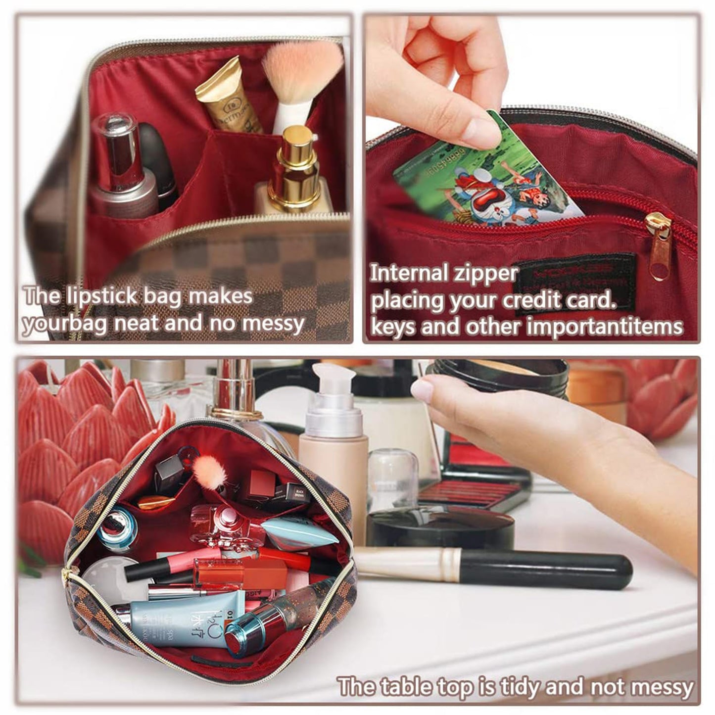 2 Pack Makeup Bag Set for Women, Large Brown Leather Cosmetic Bag + Small Zipper Pouch, Water-Resistant Travel Toiletry Organizer with Smooth Metal Zipper, Stylish Storage for Daily Use & Gift