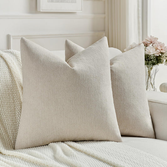FUTEI Pack of 2 Chenille Decorative Throw Pillow Covers 18x18 Inch,Soft Cozy Faux Linen Textured Cushion Case,Farmhouse Home Decor for Couch Living Room,Beige