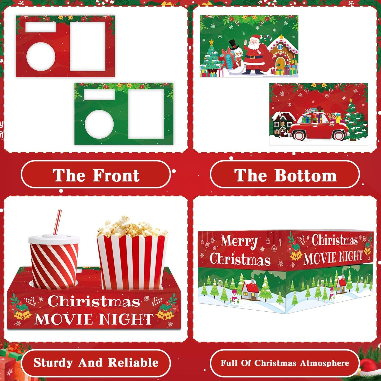 QOUBAI 32Pcs Christmas Party Supplies Movie Night Paper Snacks Boxes Xmas Santa Snowman Cinema Movie Theater Snack Tray Party Decorations Popcorn Drink Holder Set for Holiday Birthday Holiday