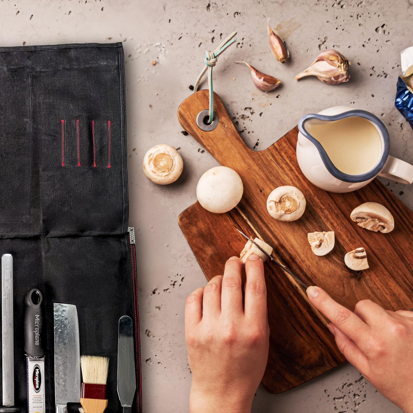 OuiChef Chef Knife Bag for 10 Knives & Utensils - Waxed Canvas & Vegan Leather - Travel Knife Case with Straps - Professional Chef Roll Bag