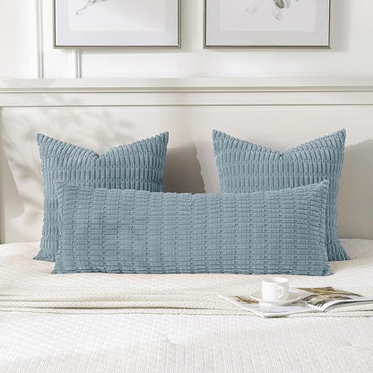 Fancy Homi 1 Pack Light Blue Long Lumbar Body Decorative Throw Pillow Covers 14x36 Inch for Bed Couch Bedroom Bench, Soft Corduroy Rectangle Solid Pillow Case 35x91 cm, Rustic Farmhouse Boho Decor
