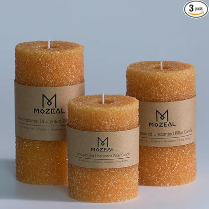 MOZEAL Hand-Poured Granular Texture Decorative Mustard Yellow Pillar Candles Set of 3 (3"x4", 5", 6"), Dripless, Unscented, Smokeless, for Fall Harvest, Thanksgiving & Warm Autumn Table Decor