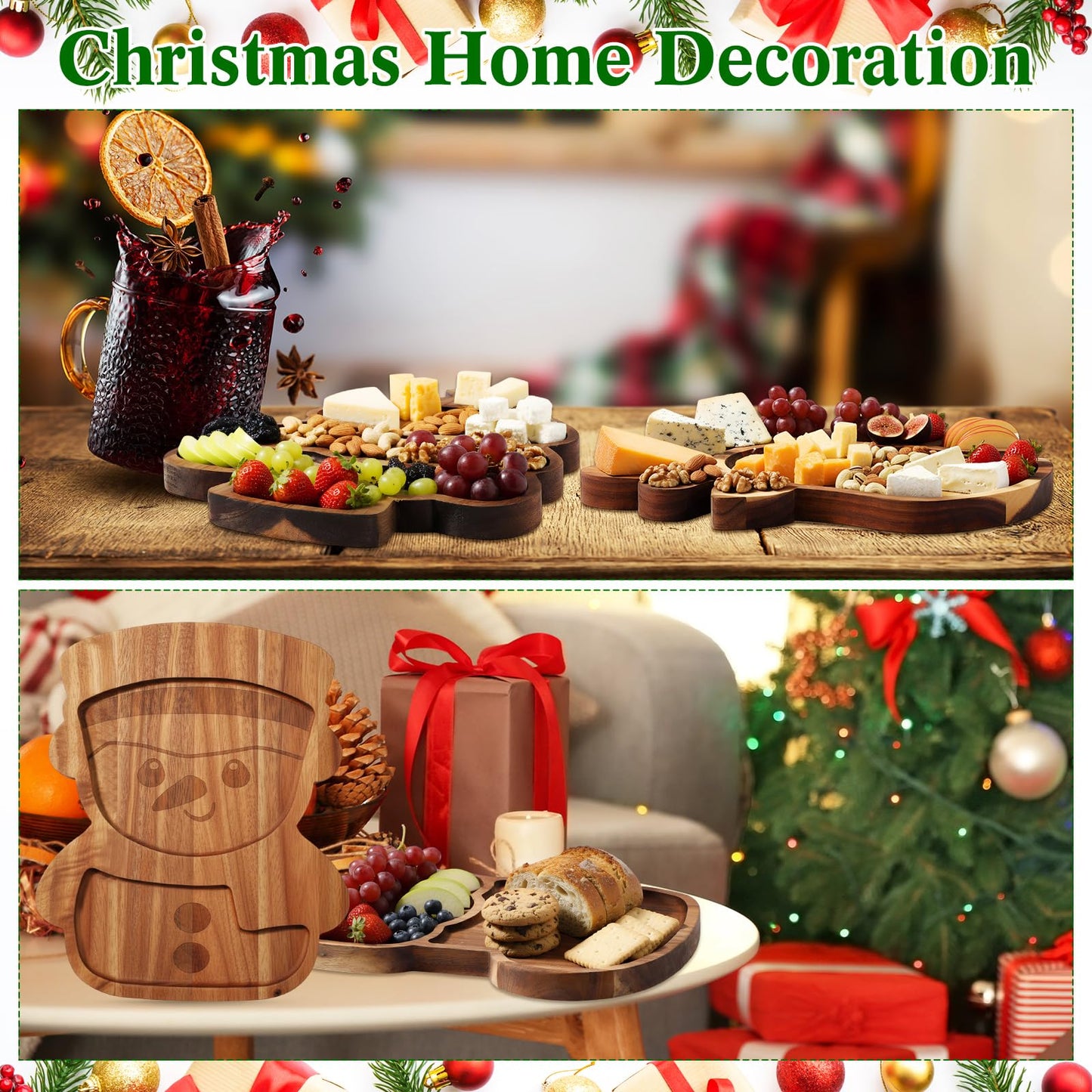 Bokon 4 Pcs Christmas Charcuterie Board 12"x10" Wooden Gingerbread Xmas Cutting Boards Serving Trays for Dessert Cheese Bread Snack Holiday Decor Gift for Christmas Party(Snowman,Acacia Wood)