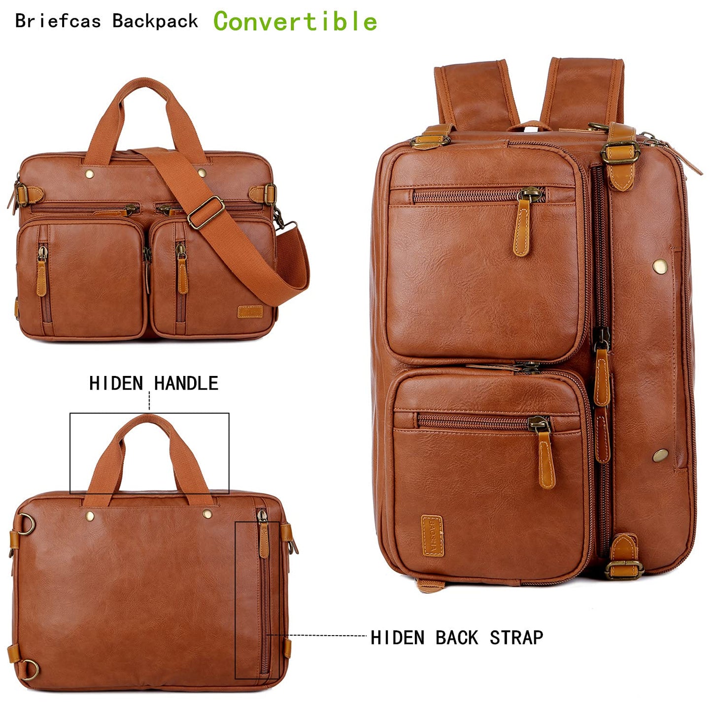 Men Vegan Leather Briefcase Backpack Hybrid 17 Inch Laptop Bag Case Business Messenger bag HB-22 (Brown)