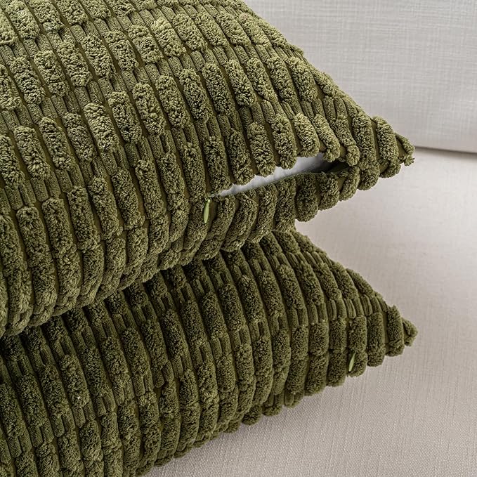 Fancy Homi 1 Pack Boho Moss Green Decorative Throw Pillow Covers 14x24 Inch for Couch Bed Sofa, Rustic Modern Farmhouse Home Decor, Soft Plush Corduroy Cute Rectangle Cushion Case 35x60 cm