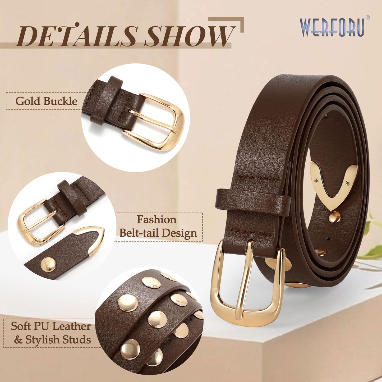 WERFORU Women Fashion Leather Belt Studded Leather Belt Ladies Belts for Jeans Dress Punk Belt,Coffee,25"-30" Waist Adjustable-
