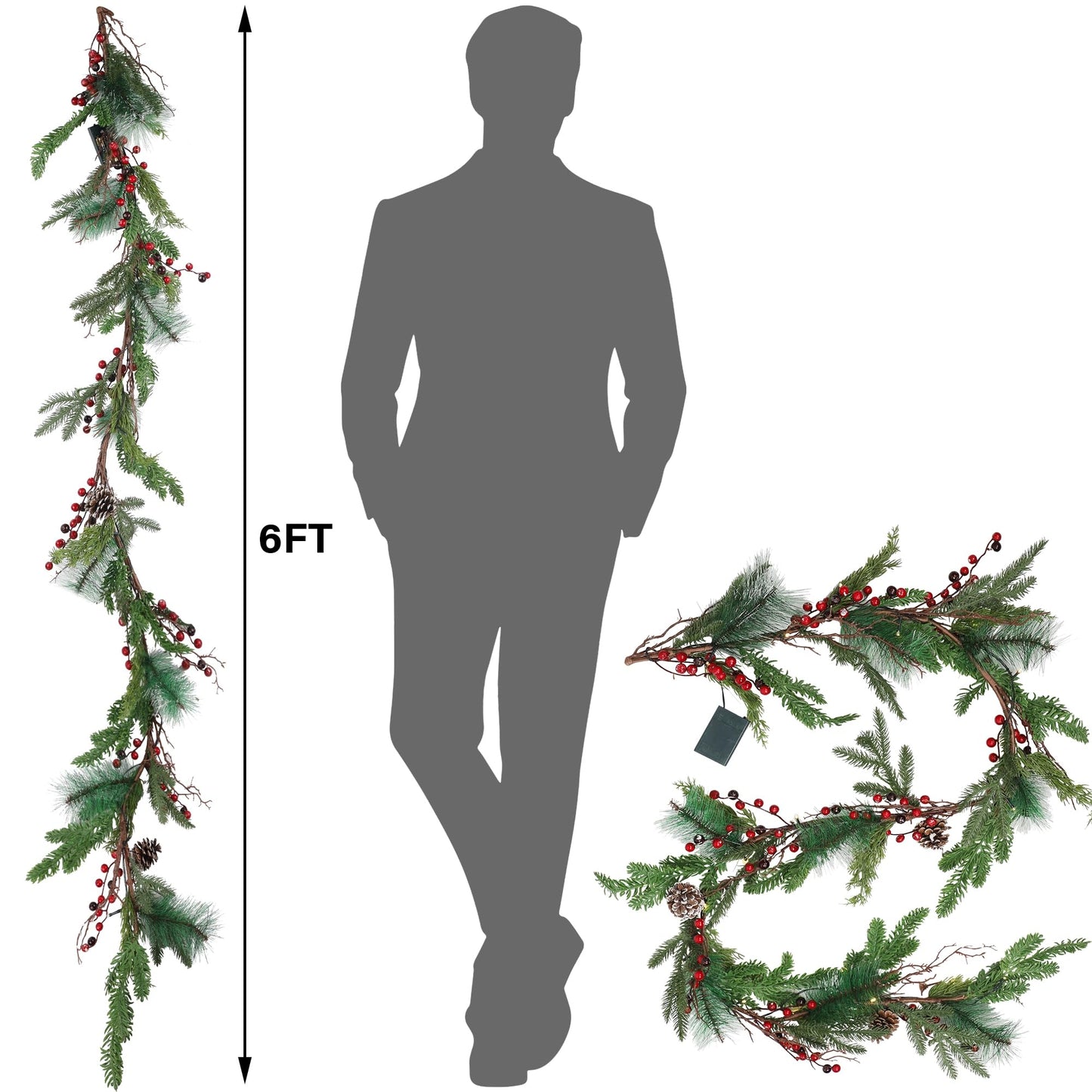 winemana 6 FT Pre-lit Artificial Christmas Garland with 20 LED Lights, Battery Powered with Pine Cones, Red Berries, Pine Needles, Lighted Christmas Garlands for Fireplace Mantle Holiday Decorations