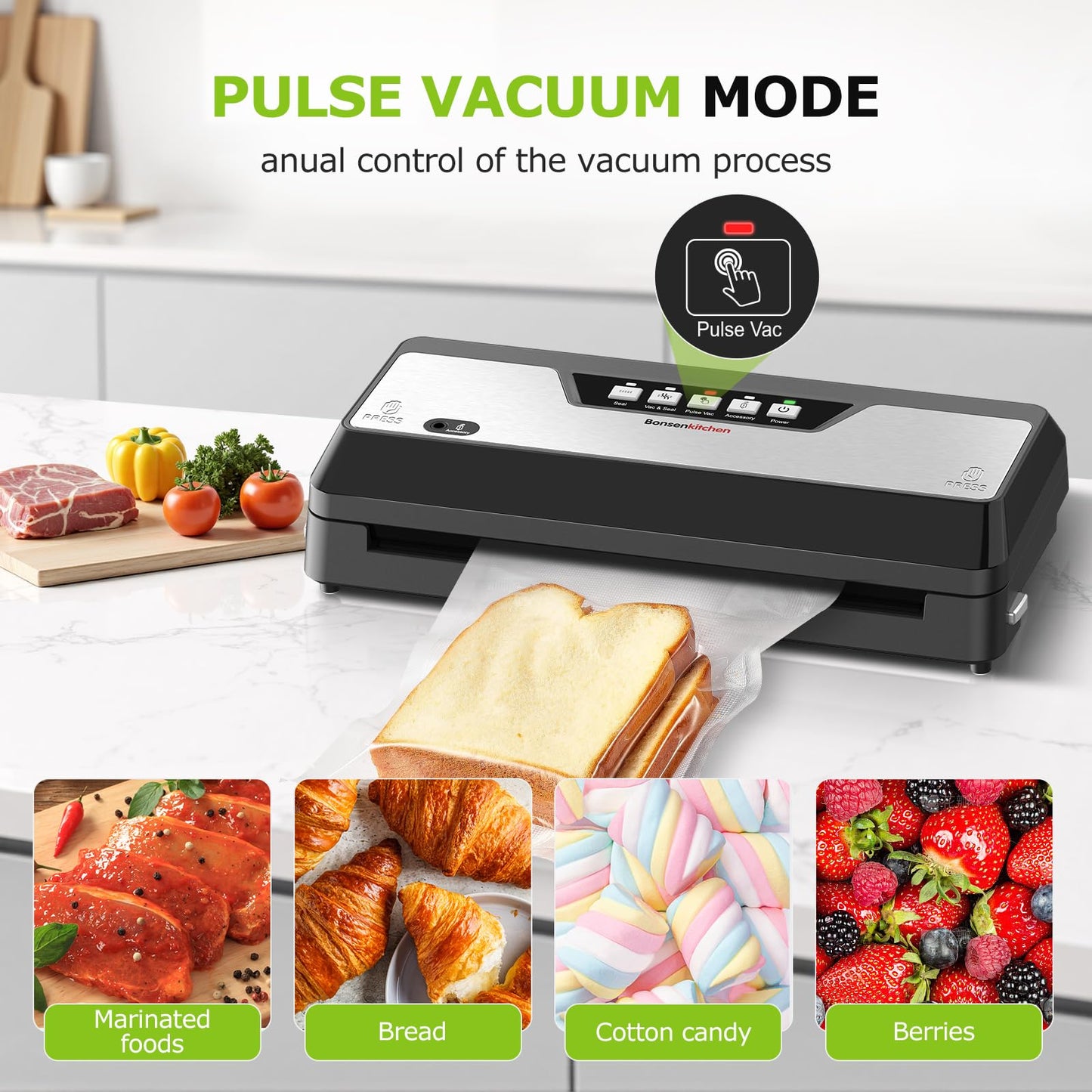 Bonsenkitchen Vacuum Sealer Machine, Built-in Cutter | Multifunctional Food Sealer for Sous Vide & Meal Prep, 5 Pre-Cut Bags, Black