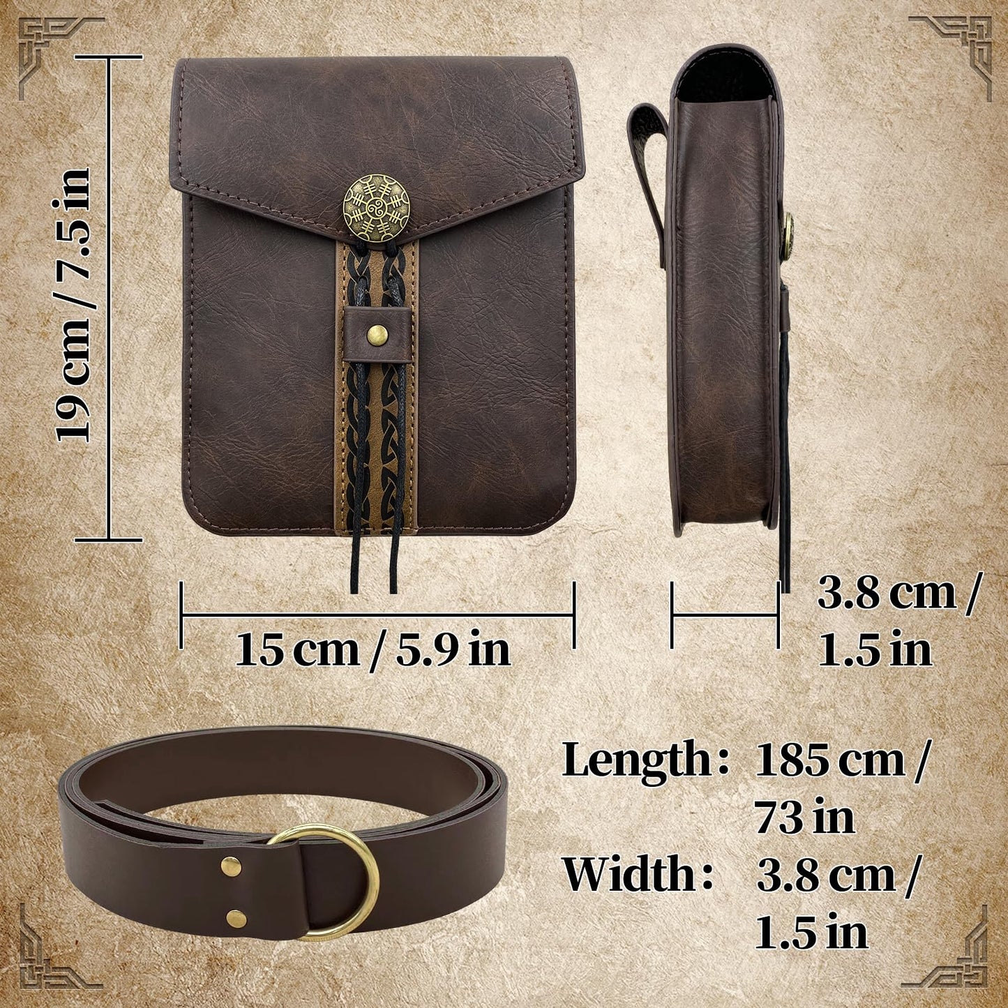 EpicCos 2 PCs Medieval Vintage belt Bag Set, Middle Ages Faux Leather Belt with Belt Pouch, Renaissance Costume Accessories (Brown A)