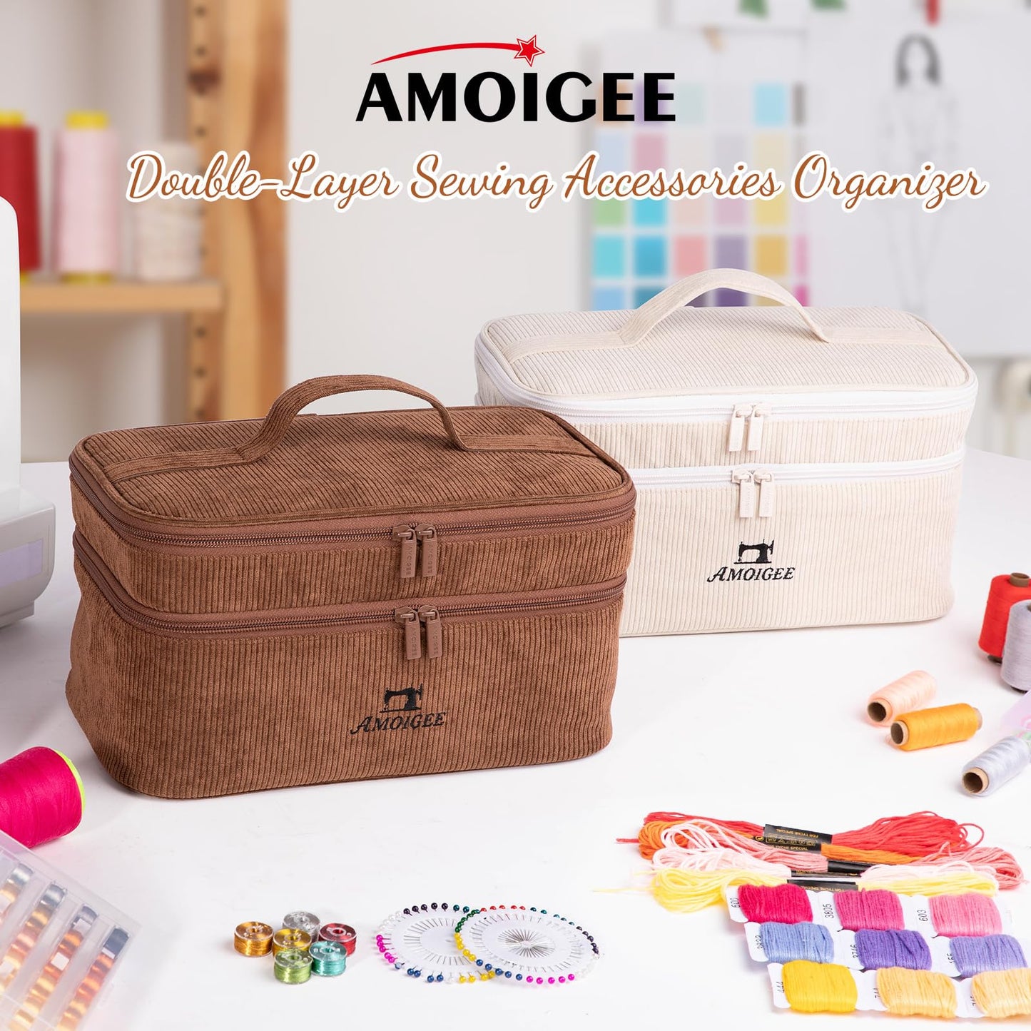 AMOIGEE Double-Layer Sewing Accessories Organizer with Pin Cushion – Large Sewing Storage Bag for Thread, Notions & Tools – Portable Travel Sewing Tote for Quilting, Embroidery & Crafts Gift (BagOnly)