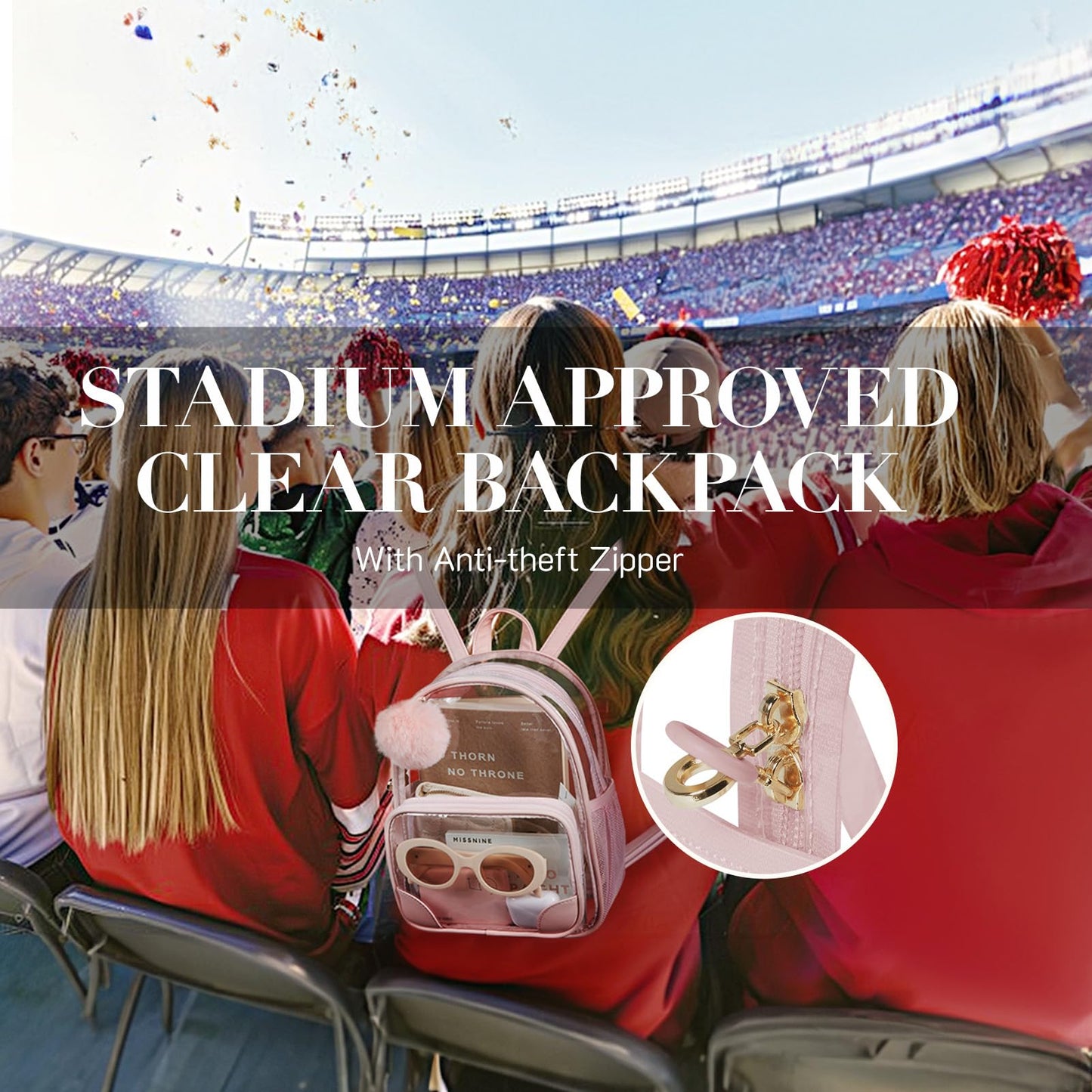 Missnine Small Clear Backpack for Stadium Events Anti-theft Mini Clear Bag for Sport Event Concert with Cute Pom-pom Ball