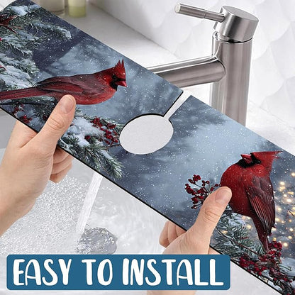 Christmas Winter Kitchen Sink Splash Guard Faucet Mat Cardinal Super Absorbent