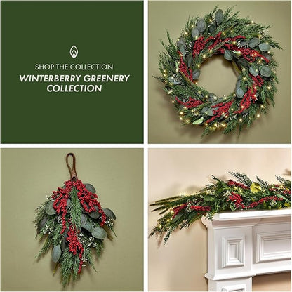 LampLust Winter Wreaths for Front Door Outside, 24 Inch Cypress & Eucalyptus Wreath with Red Berries 100 LED Lights, Timer, Battery Powered, Farmhouse Wreath Year Round, Winter Wreaths for Indoors