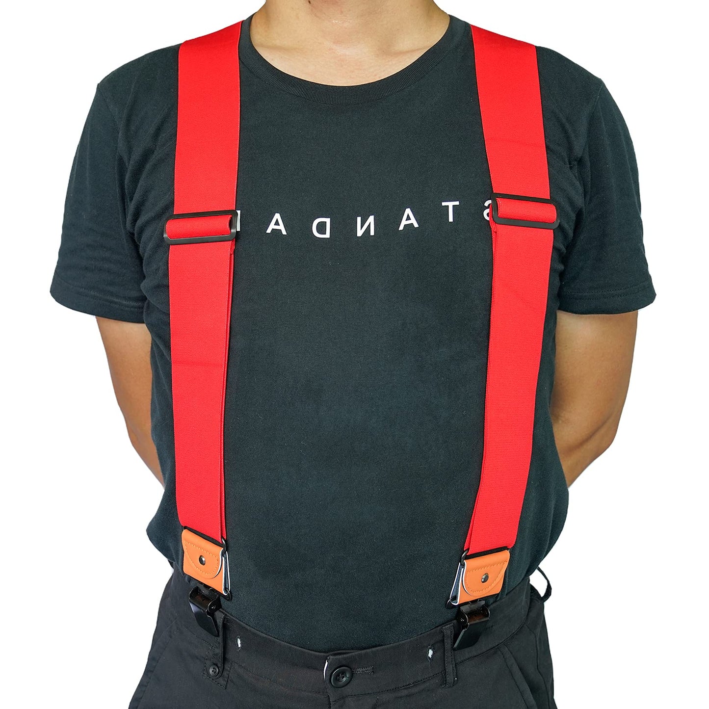 MELOTOUGH Men's Industrial Strength Suspenders Partial Elastic Tradesperson's Suspenders 2 inch Wide Tool Belt Suspenders (Red)