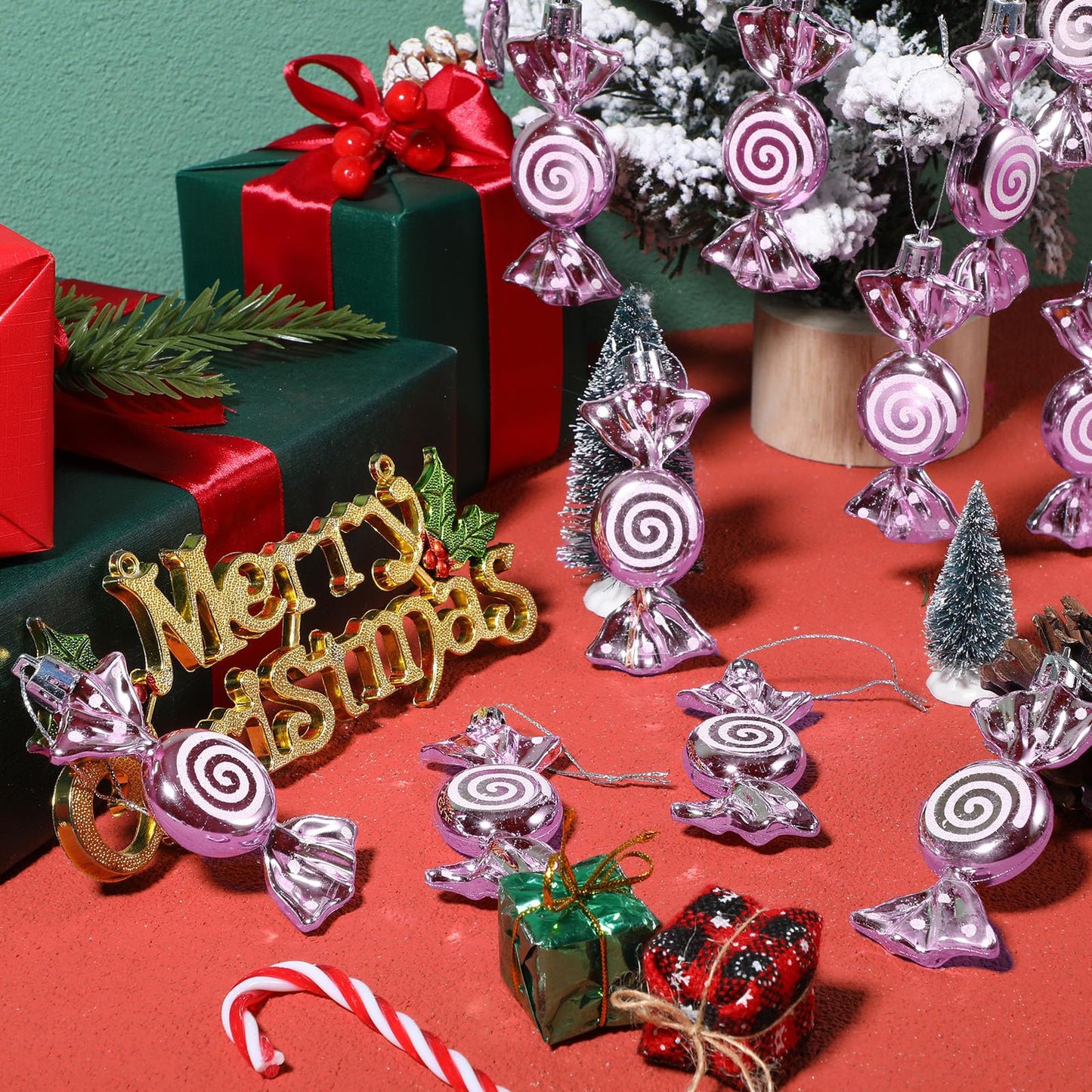 Threan 12 Pcs Christmas Candy Ornaments for Tree Decoration Hanging Glitter Candy Cane Christmas Peppermint Ornament with Golden Rope for Xmas Holiday Decoration(Pink,Plastic)