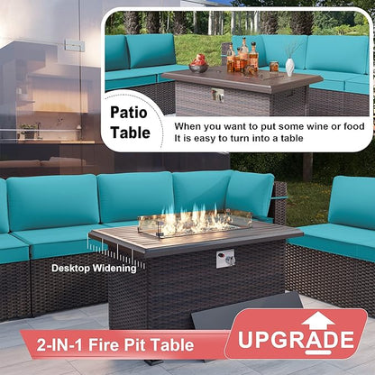 Kurapika 8 Pieces Patio Furniture Set, Rattan Wicker Outdoor Conversation Sets w/43in Propane Fire Pit Table and 4 Inch Cushion(Blue)