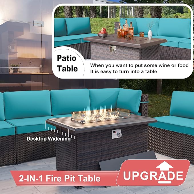 Kurapika 15 Pieces Patio Furniture Set, Rattan Wicker Outdoor Conversation Sets w/43in Propane Fire Pit Table and 4 Inch Cushion(Blue)