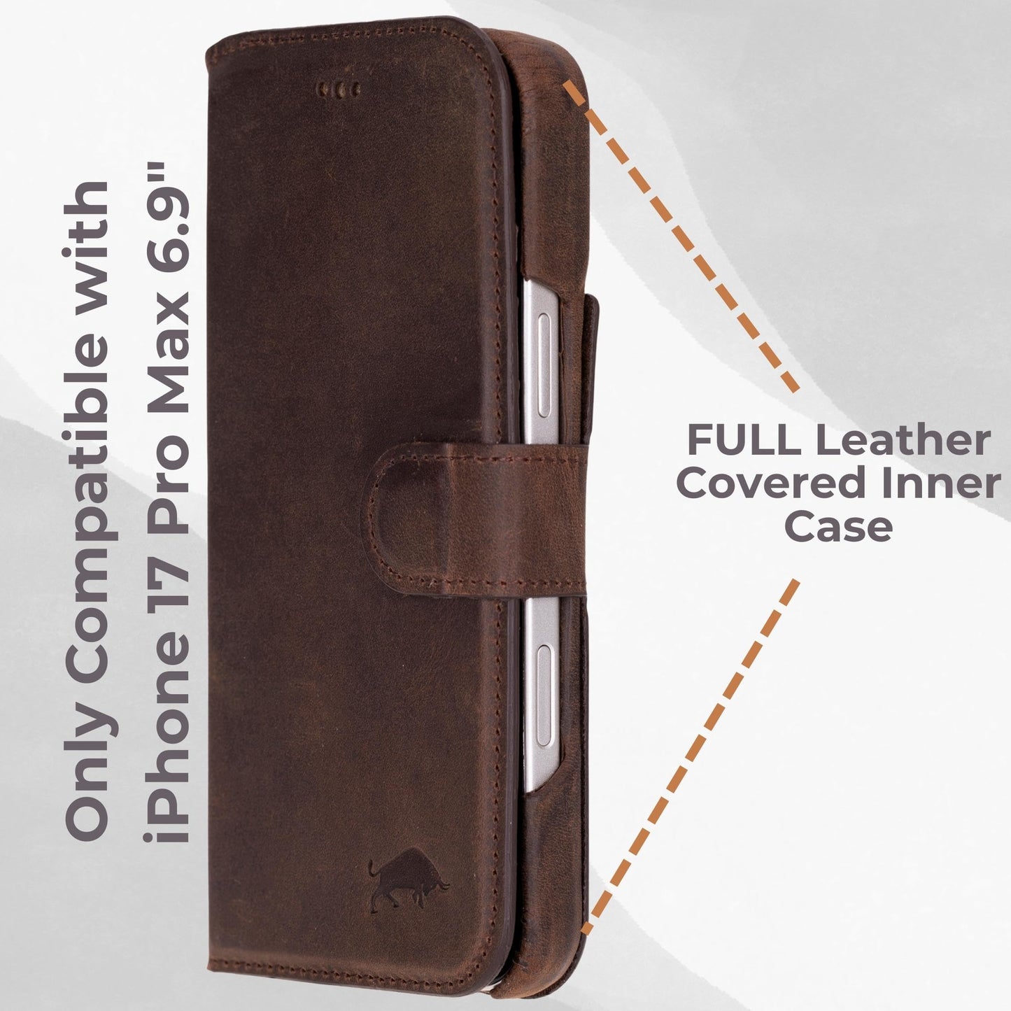 VENOULT Leather Wallet Case for iPhone 17 Pro Max, Full Grain Genuine Leather, Magnetic Detachable, 4 Card Holder, Buesiness Style, Compatible with MagSafe, RFID, Handmade (Vintage Brown)