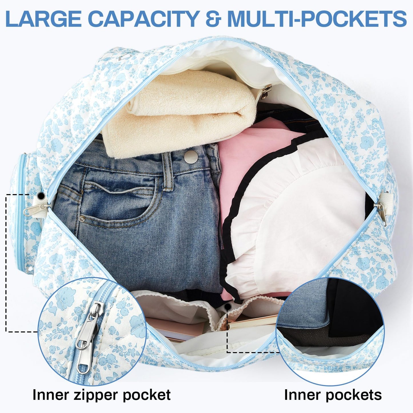 Abbylike 2 Pcs Large Quilted Duffle Bag Blue Floral Coquette Duffle Bag with Makeup Pouch Quilted Weekender Diaper Tote with Shoe Compartment for Women Travel Hospital