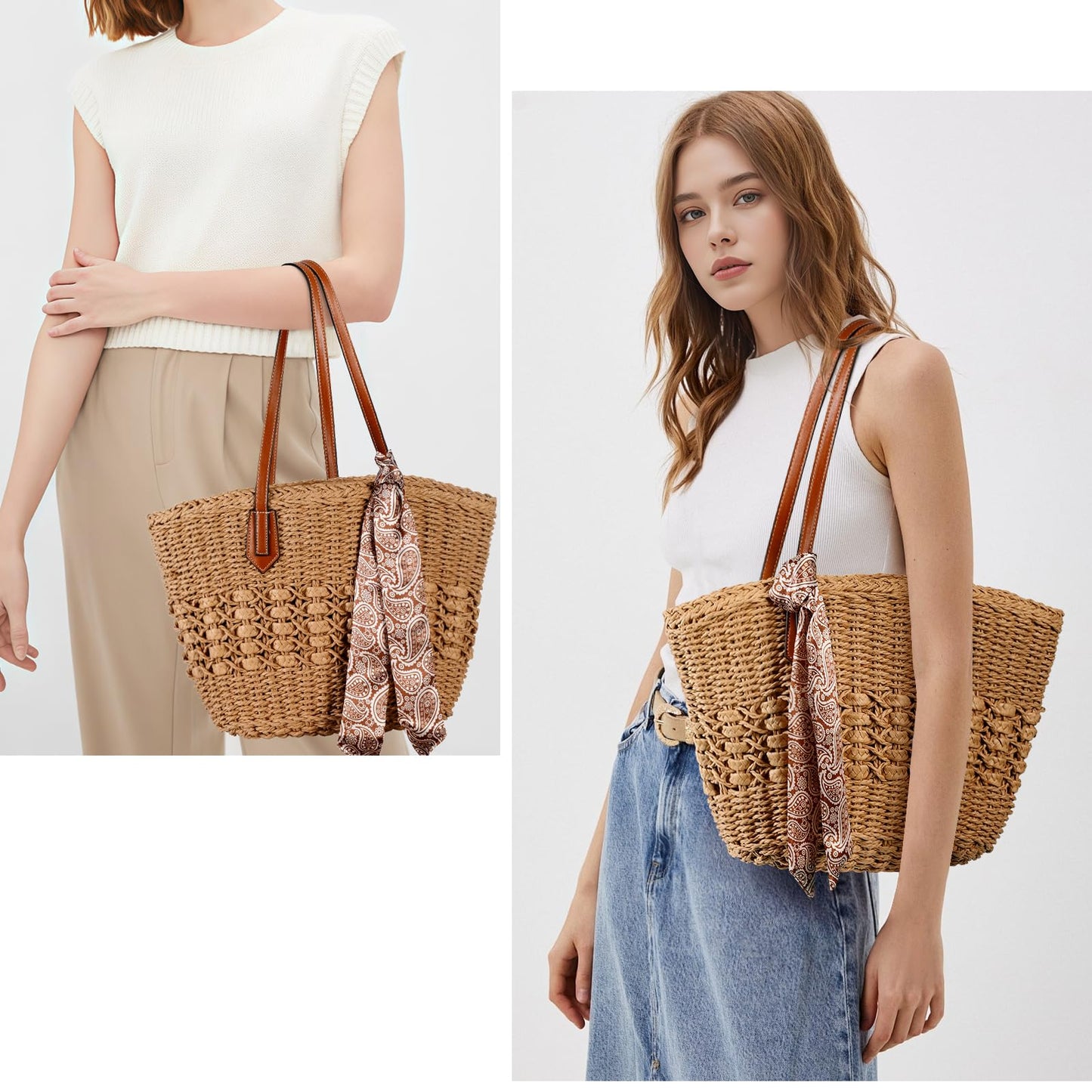 Trifabricy Beach Bags for Women - Large Straw Beach Bag, Woven Beach Tote Bag Shoulder Handbags, Straw Tote Bag for Summer Vacation
