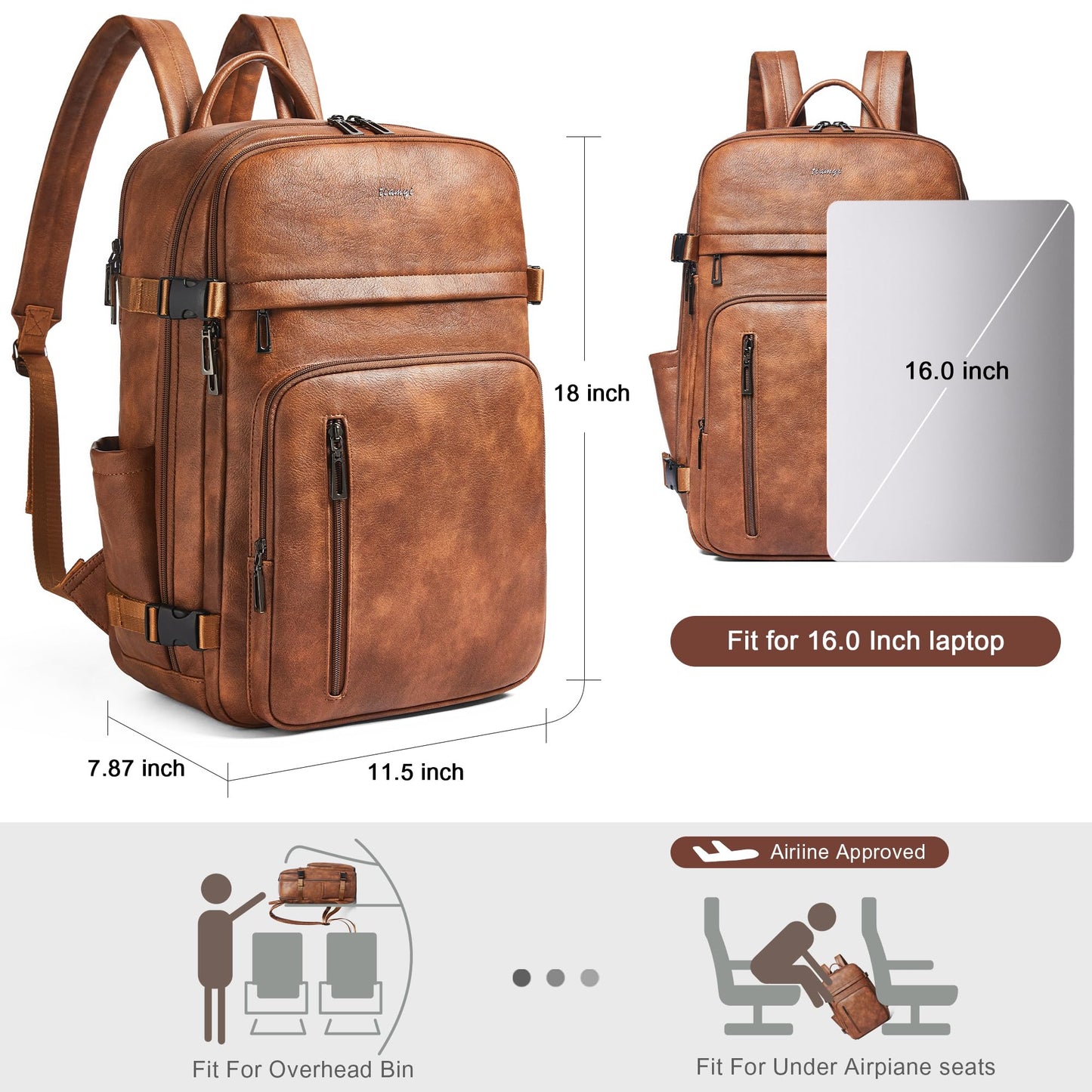 tiamyi Travel Backpack for Women and Men, Fits 17.0" Laptop, Stylish Lay-Flat Carry-on Vegan Leather Backpack with Luggage Strap for Travel and Daily Use