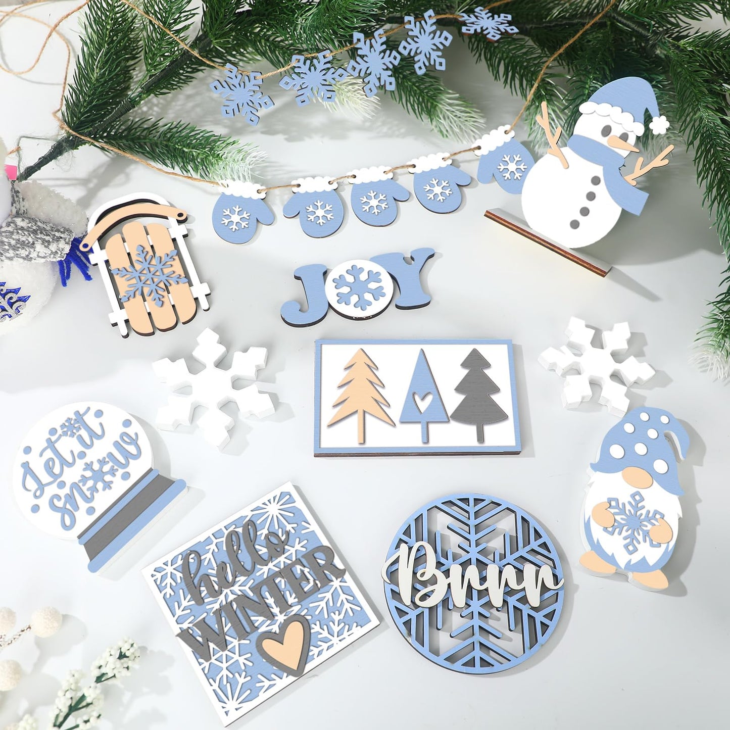 20 Pcs Winter Tray Decor Snowflake Snowman Gnome Wooden Signs Winter Wonderland Table Centerpieces Rustic Farmhouse Winter Tabletop Decorative Trays for Party Home Christmas Holiday