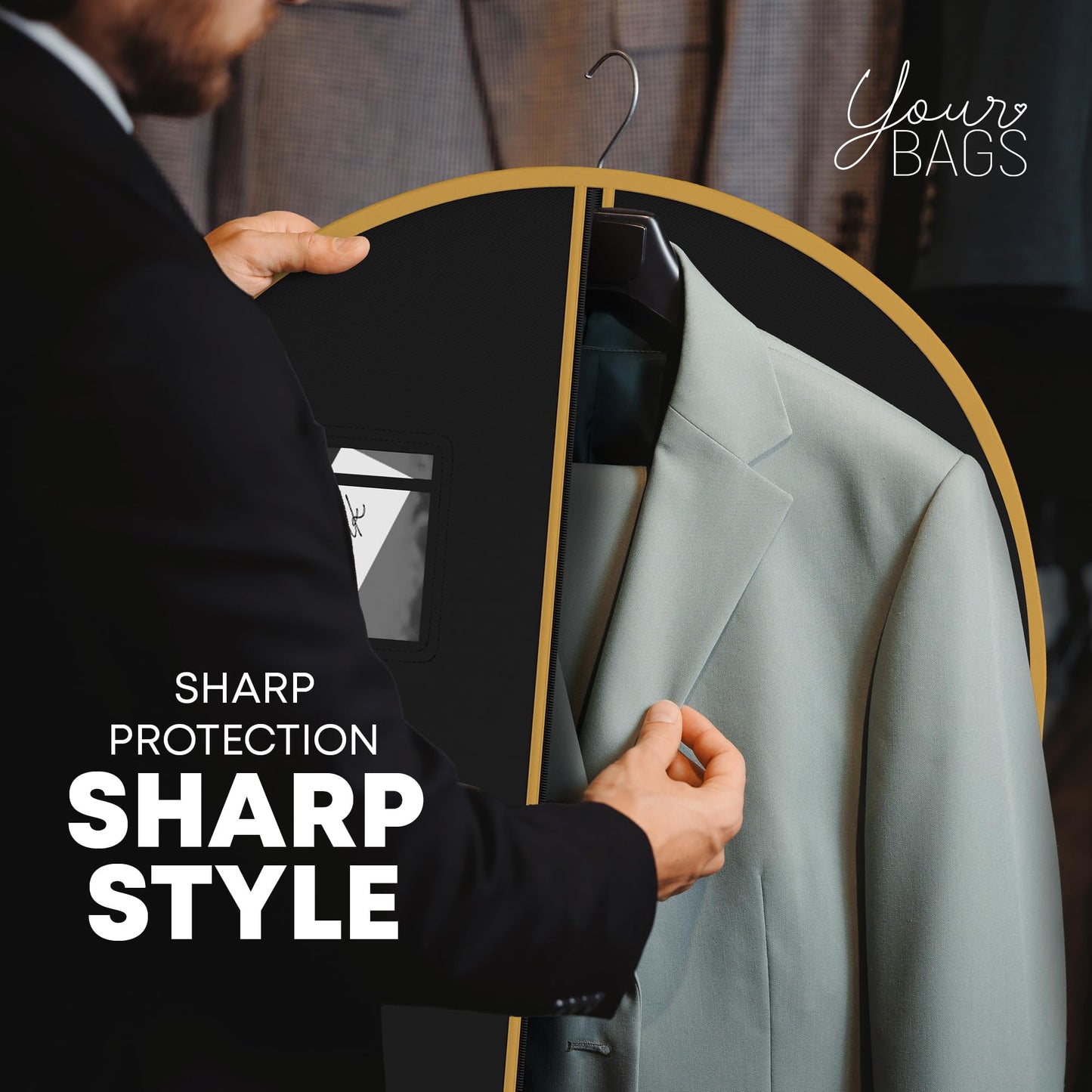 Your Bags Travel Garment Bag – Zippered Single Suit Bag – Water-Resistant Clothes Cover - Hanging Garment Bags for Travel with ID Pocket – 40" x 24" - Black With Gold Trim (Pack of 3)