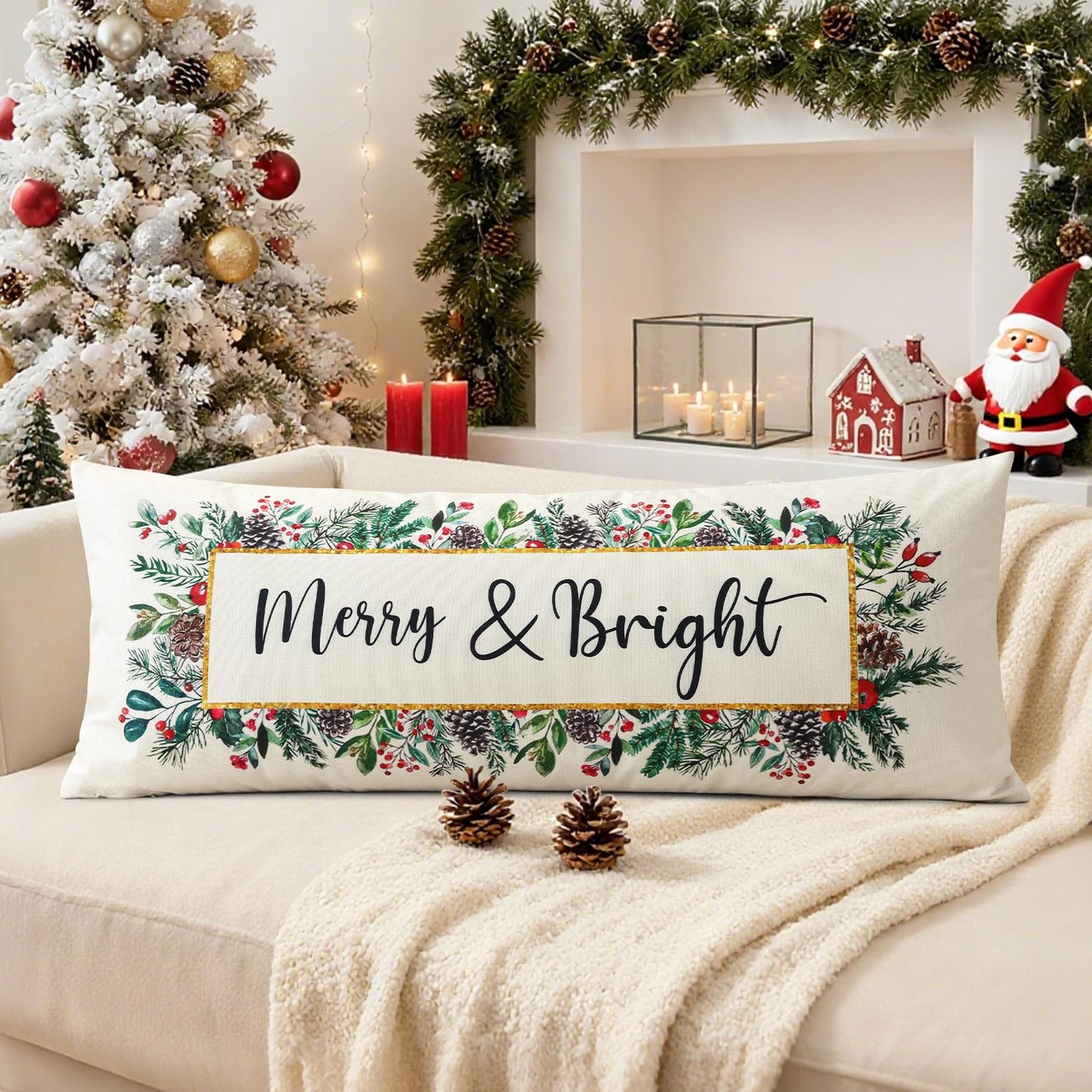 OTOSTAR Merry Bright Christmas Decor Pillow Cover 14x36 Inch Extra Long Lumbar Decorative Throw Pillow Case Eucalyptus Mistletoe Winter Holiday Cushion Cover for Couch Bed Sofa Decor (Merry & Bright)