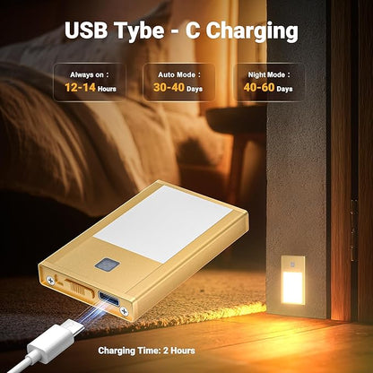 Rechargeable Motion Sensor Night Lights, 8-Pack - Painted Gold Aluminum Alloy, Ultra-Compact Magnetic Mount, 3000K Warm White Glow, Ideal for Hallways, Bedrooms, Stairs & Nightly Use