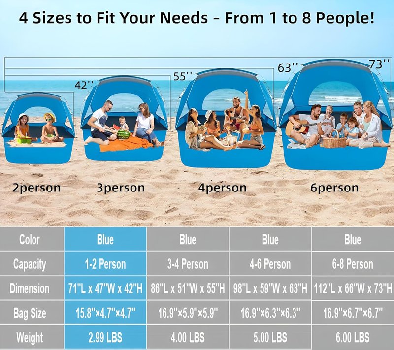 Portable Beach Tent - UPF 50+ UV Protection Sun Shelter for 2-8 People | Easy Setup Waterproof Canopy for Family Picnics & Fishing