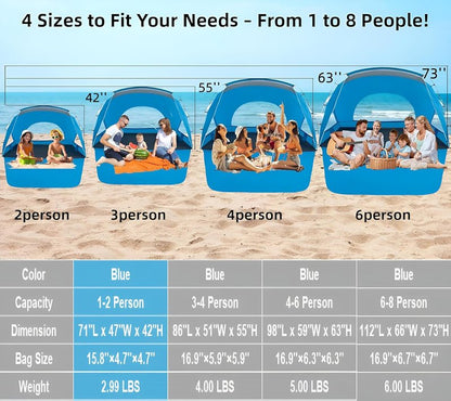 Portable Beach Tent - UPF 50+ UV Protection Sun Shelter for 2-8 People | Easy Setup Waterproof Canopy for Family Picnics & Fishing