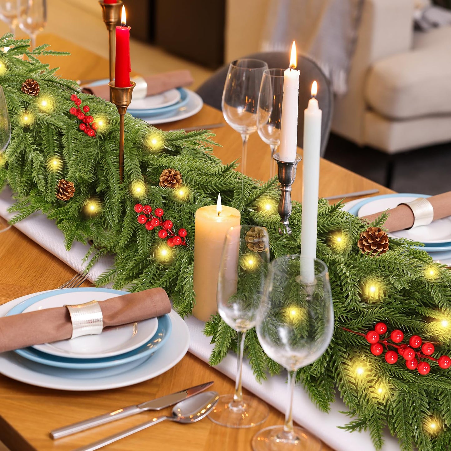 9FT Artificial Norfolk Pine Garlands - Real Touch Winter Pine Garland, Green Artificial Greenery Garland for Mantle, Table, Wall, Indoor & Outdoor Fireplace Christmas Decorations