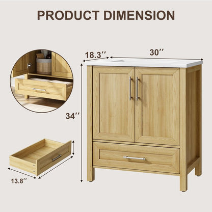 IDEALHOUSE 30" Bathroom Vanity with Sink, Freestanding Wooden Bathroom Vanity Cabinet with Soft-Closing Door and Metal Handle, Modern Floor Standing Storage for Small Spaces,Natural Wood